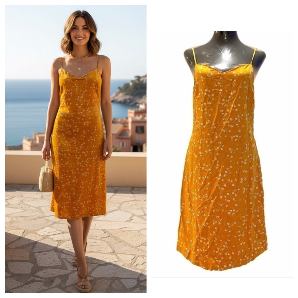 ICHI Yellow Floral Slip Dress Size 42 EU NWT Knee Length Cottagecore Boho